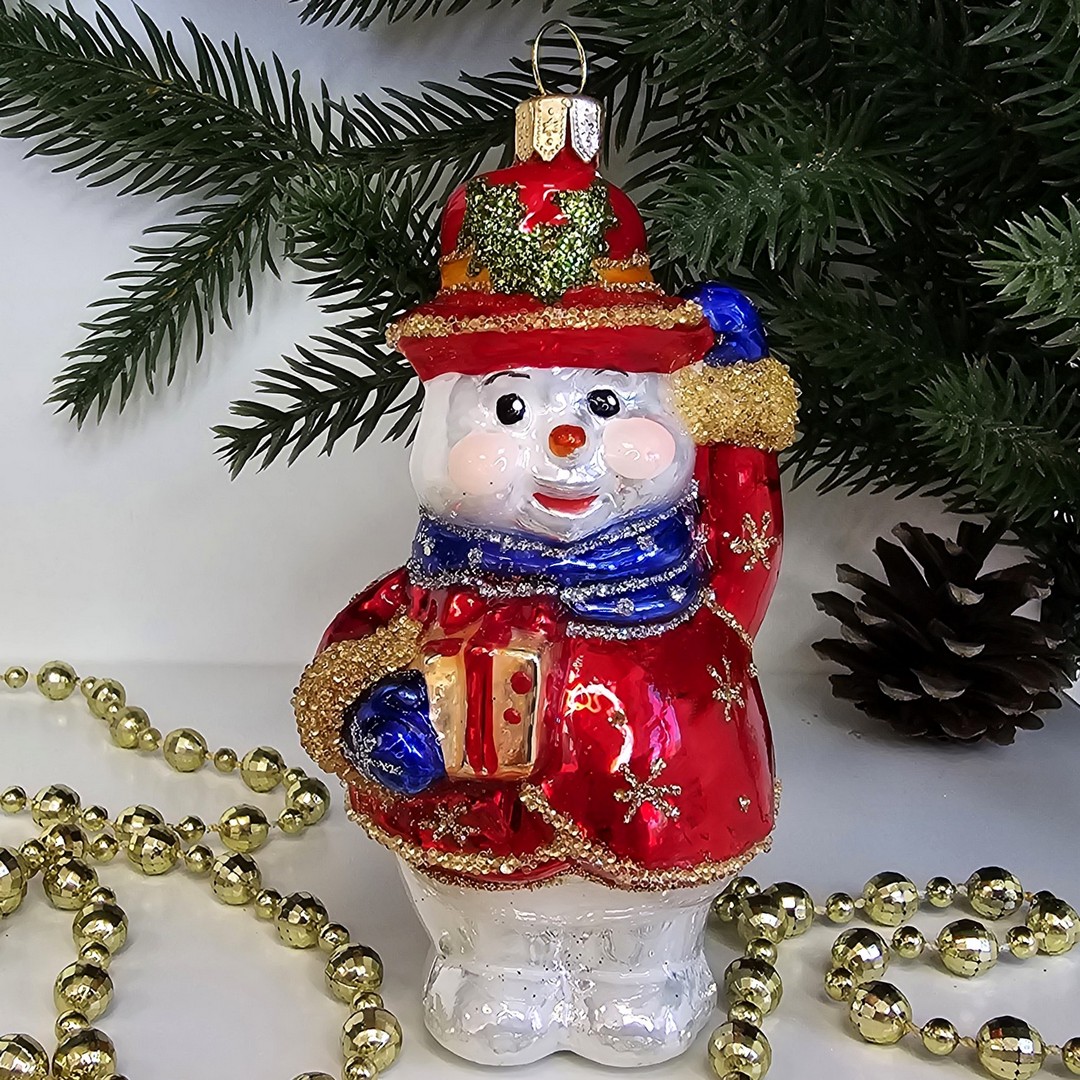 фото Стеклянная елочная игрушка Снеговик