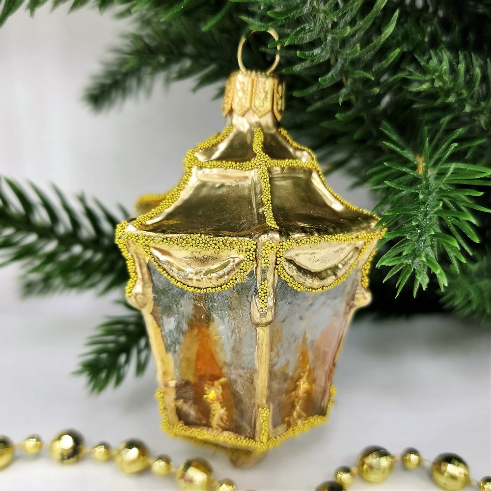 фото Стеклянная елочная игрушка Фонарик малый золотой