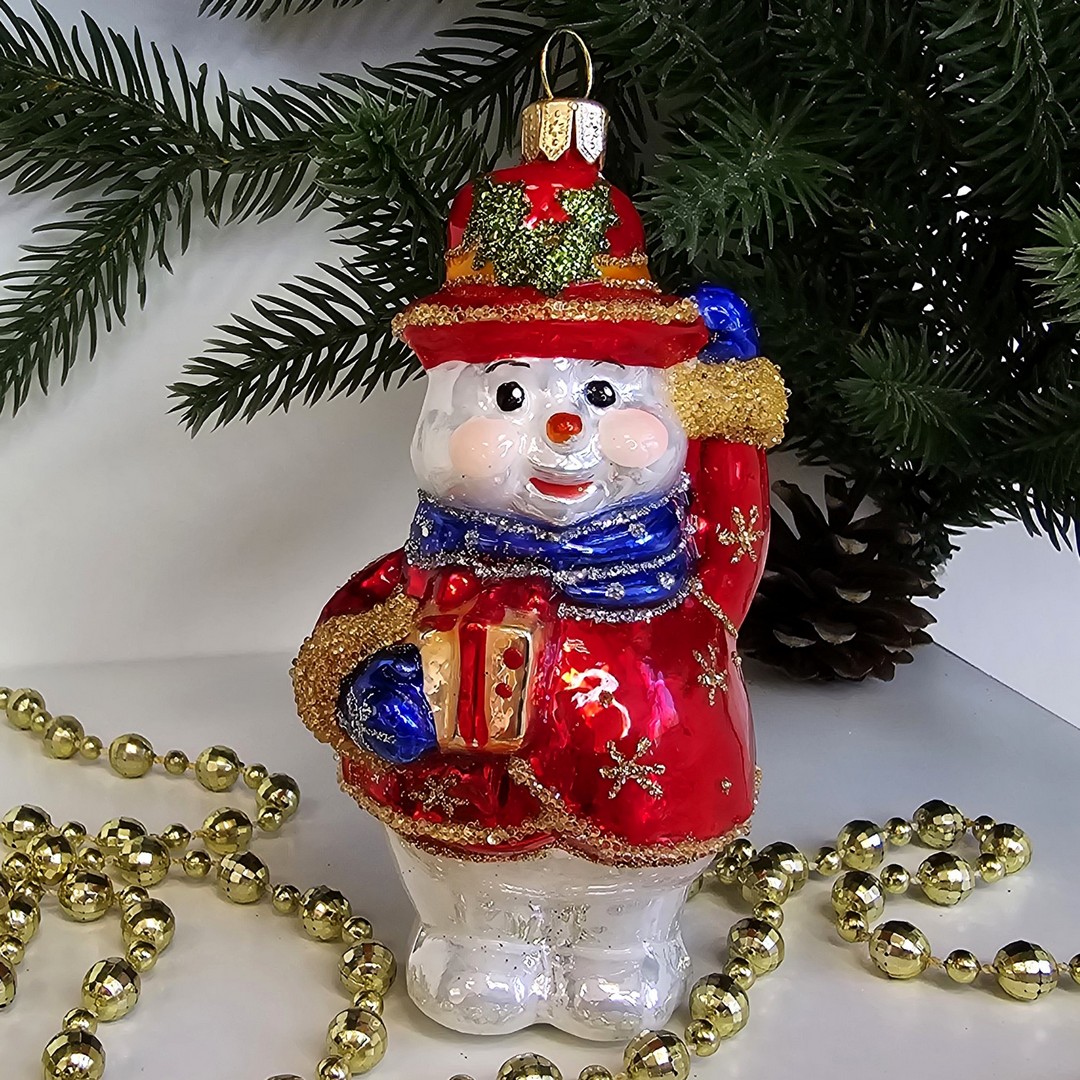 фото Стеклянная елочная игрушка Снеговик