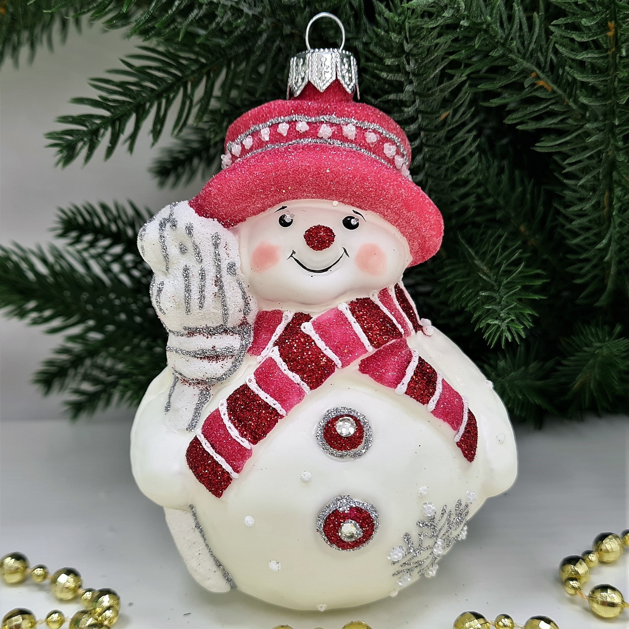 фото Стеклянная елочная игрушка Снеговик