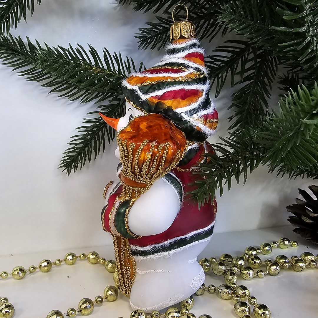 фото Стеклянная елочная игрушка Снеговик с метлой