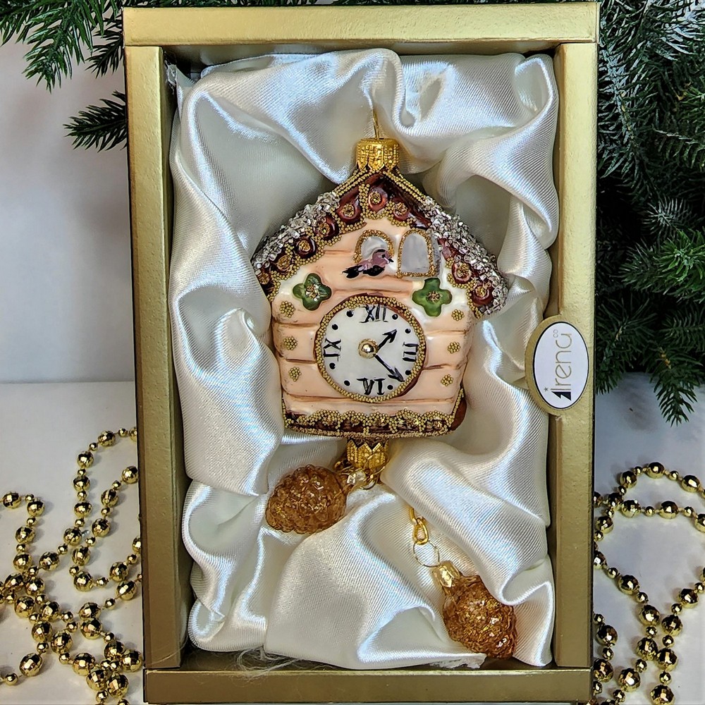 фото Стеклянная елочная игрушка Часы с кукушкой винтаж