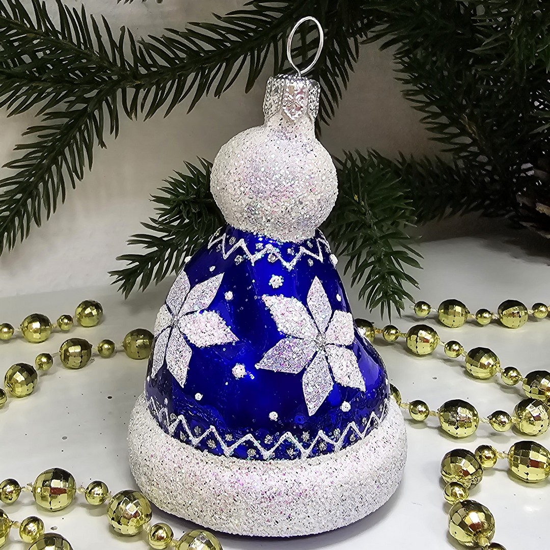фото Стеклянная елочная игрушка Шапочка синяя