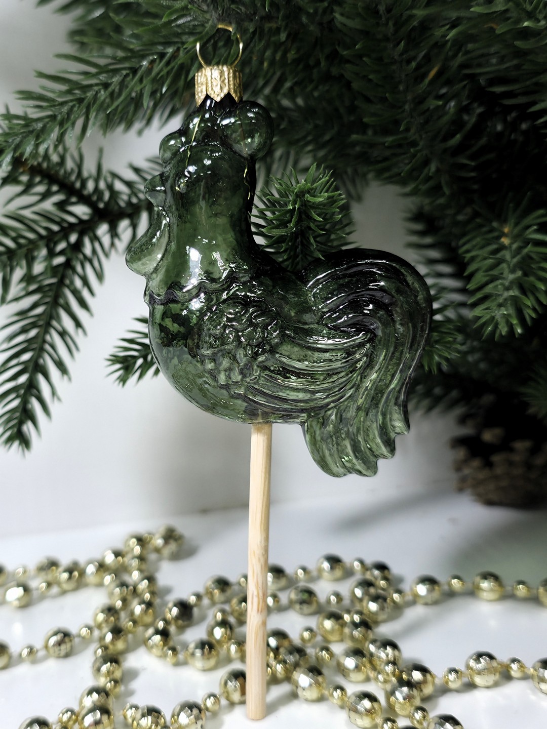 фото Стеклянная елочная игрушка Петушок на палочке