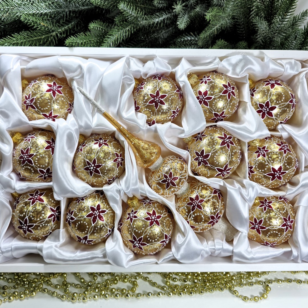 фото Набор елочных игрушек Цветы на золоте