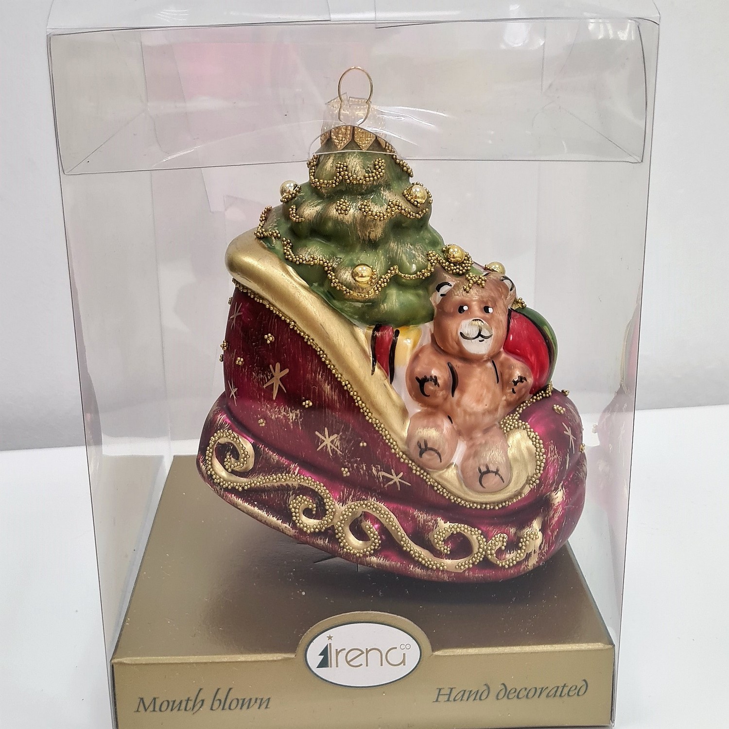 фото Стеклянная елочная игрушка Сани с подарками винтаж