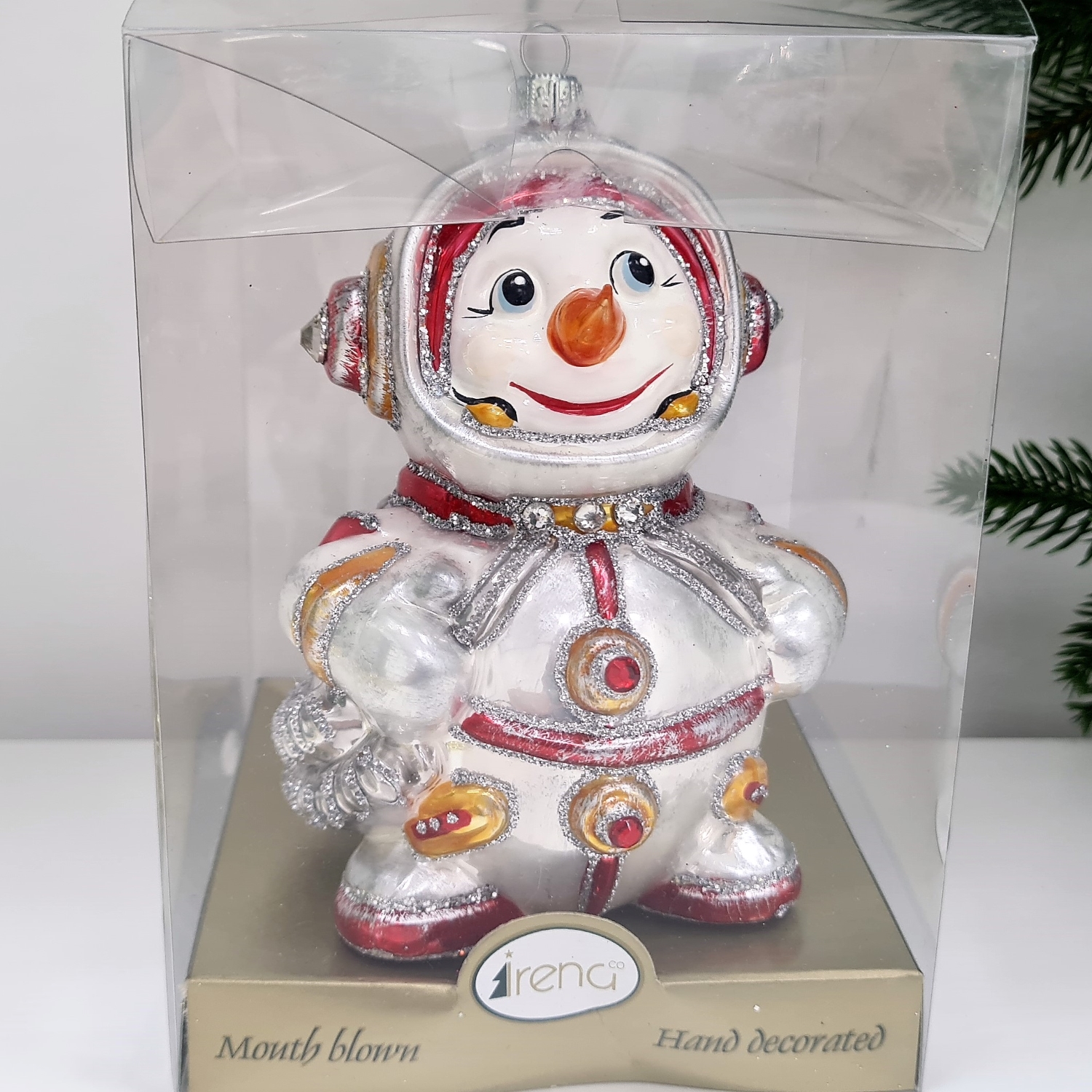 фото Стеклянная елочная игрушка Снеговик космонавт красный