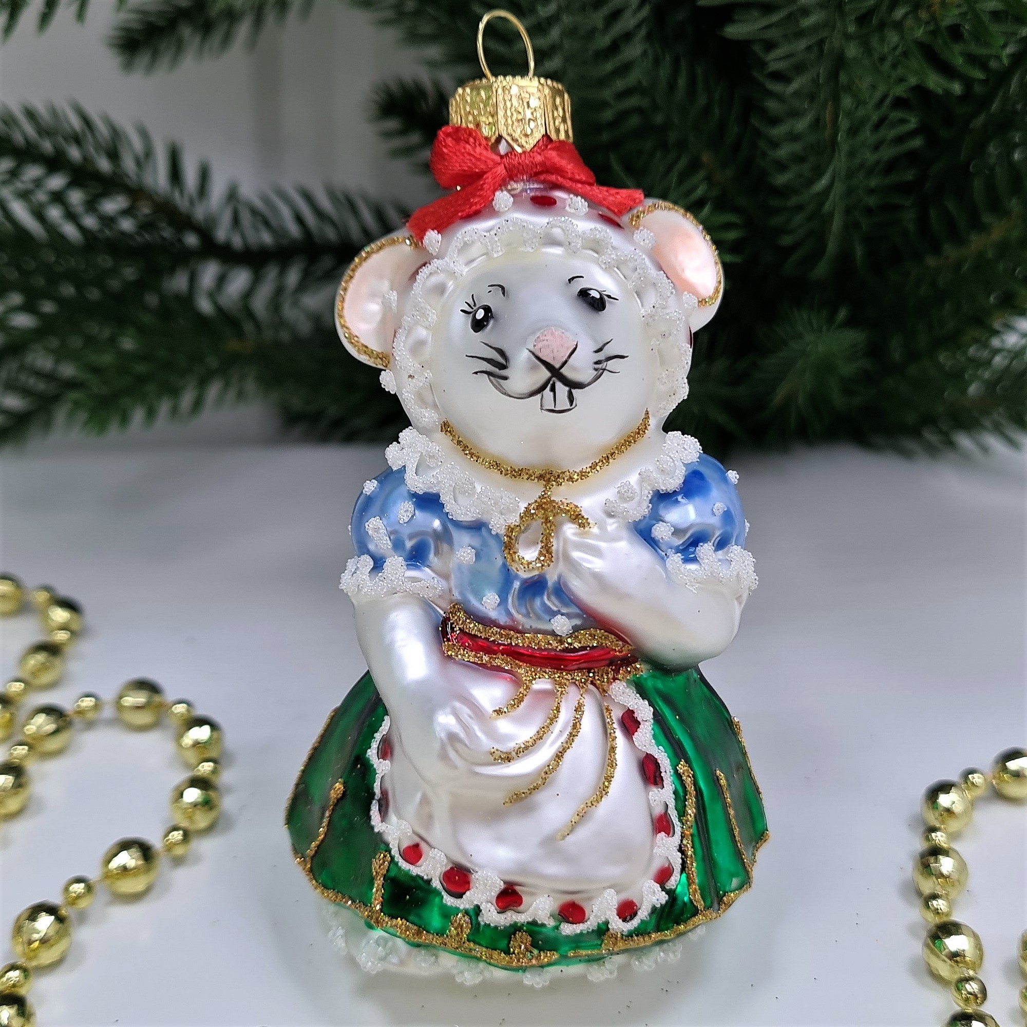 фото Стеклянная елочная игрушка Мышка Хозяйка