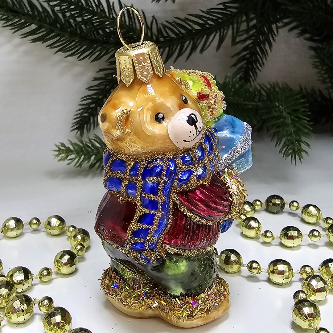 фото Стеклянная елочная игрушка Мишутка с подарками