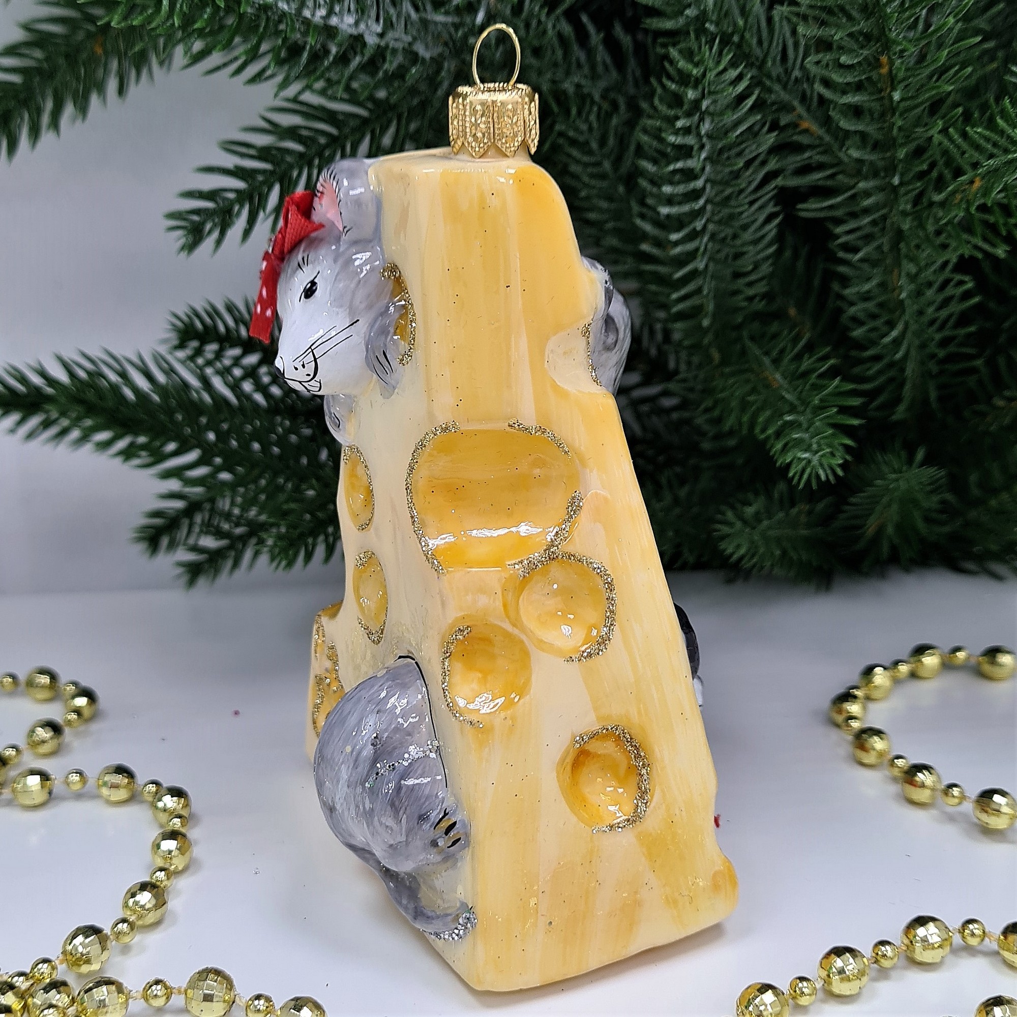 фото Стеклянная елочная игрушка Мышки в сыре