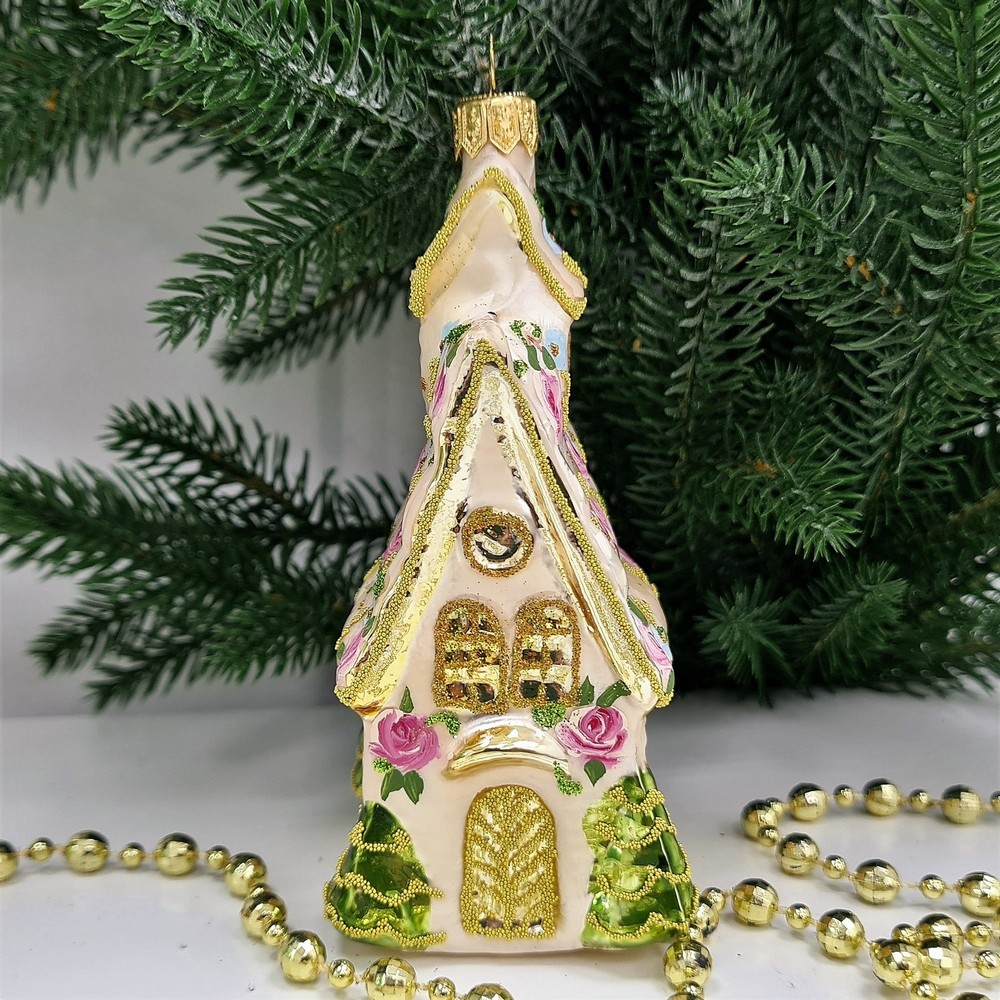 фото Стеклянная елочная игрушка Домик с острой крышей версаль