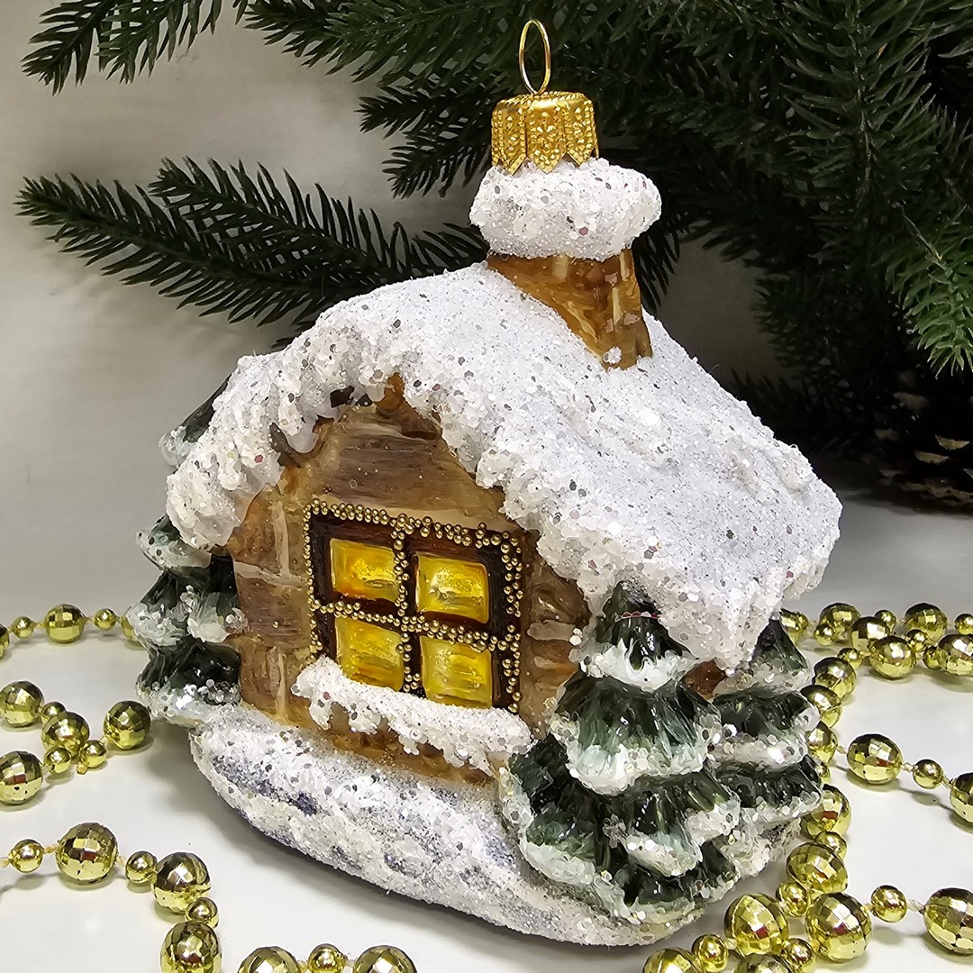 фото Стеклянная елочная игрушка Домик с олененком