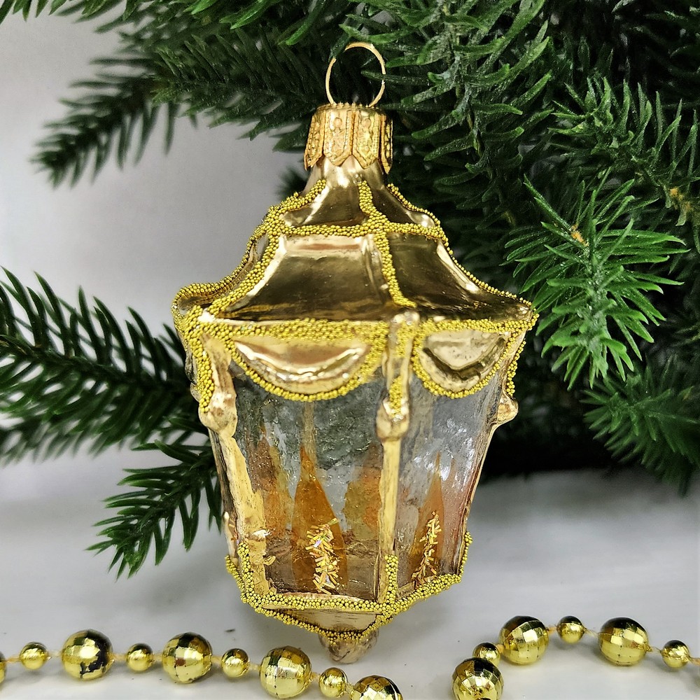 фото Стеклянная елочная игрушка Фонарик малый золотой