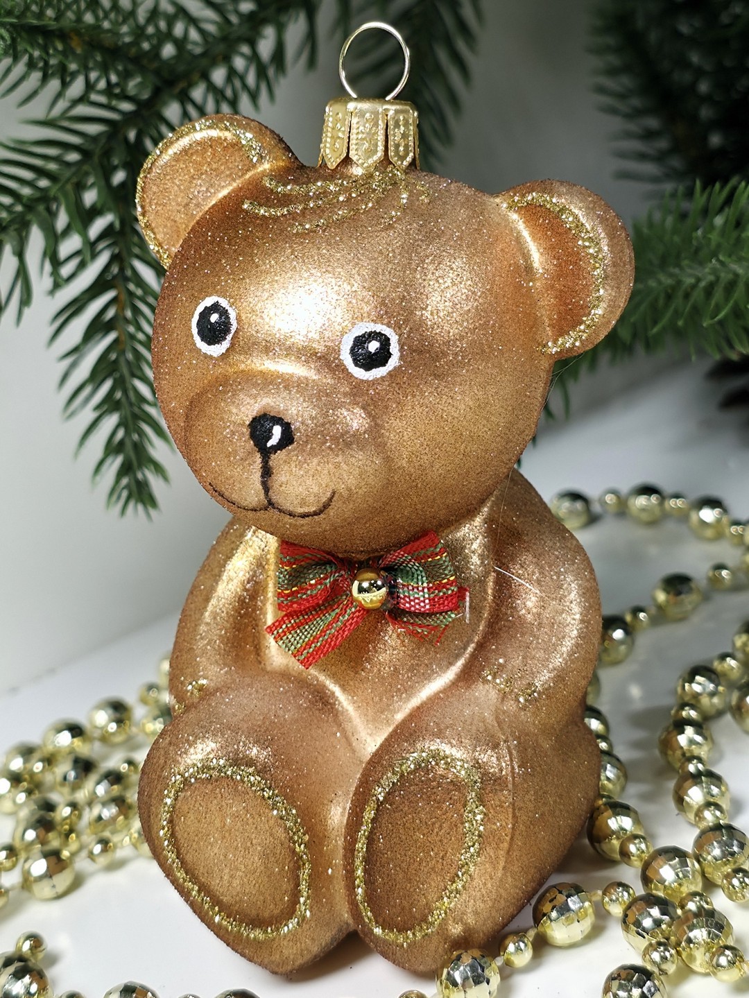 фото Стеклянная елочная игрушка Мишка с бантом