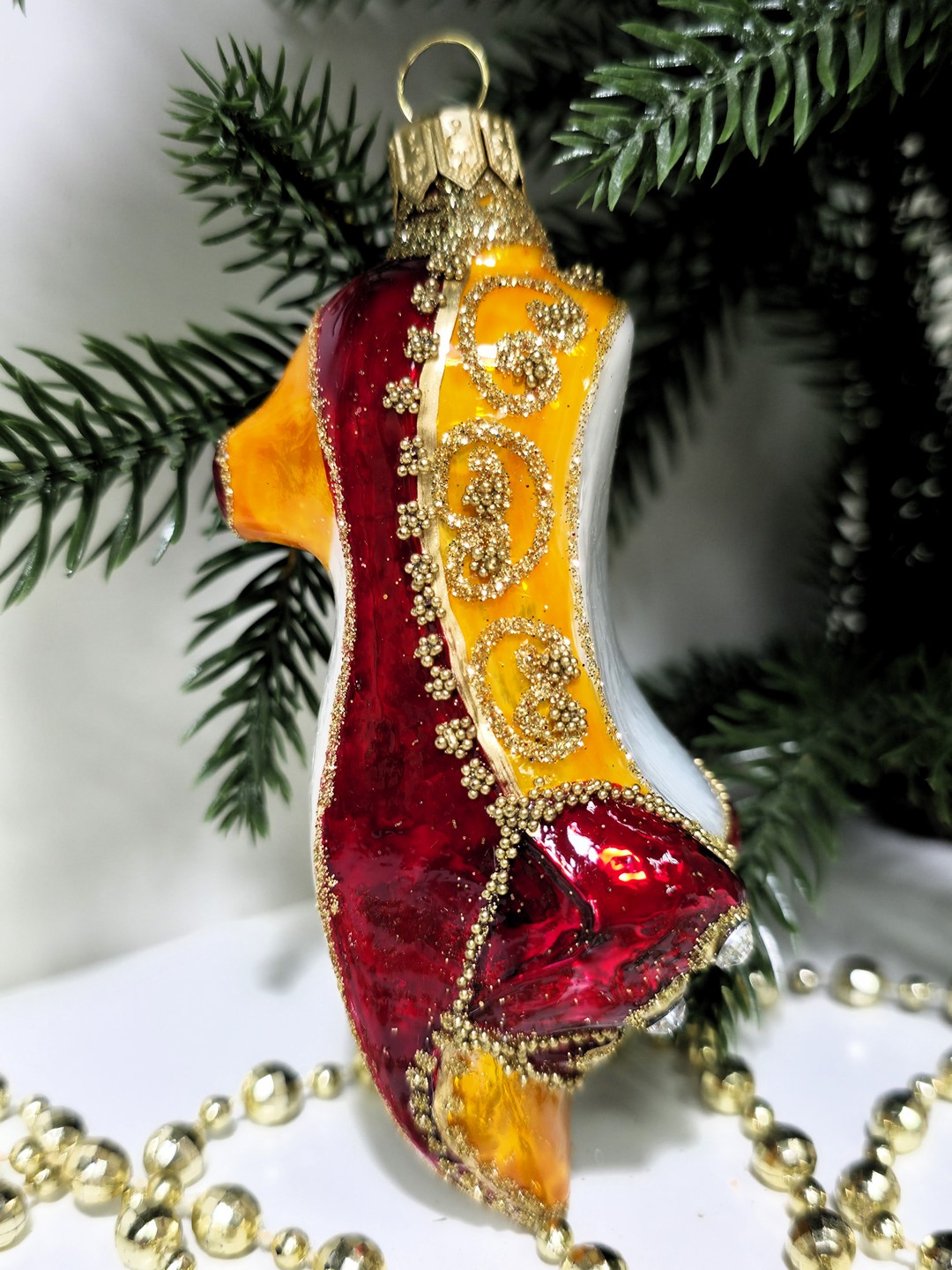 фото Стеклянная елочная игрушка Туфелька красная