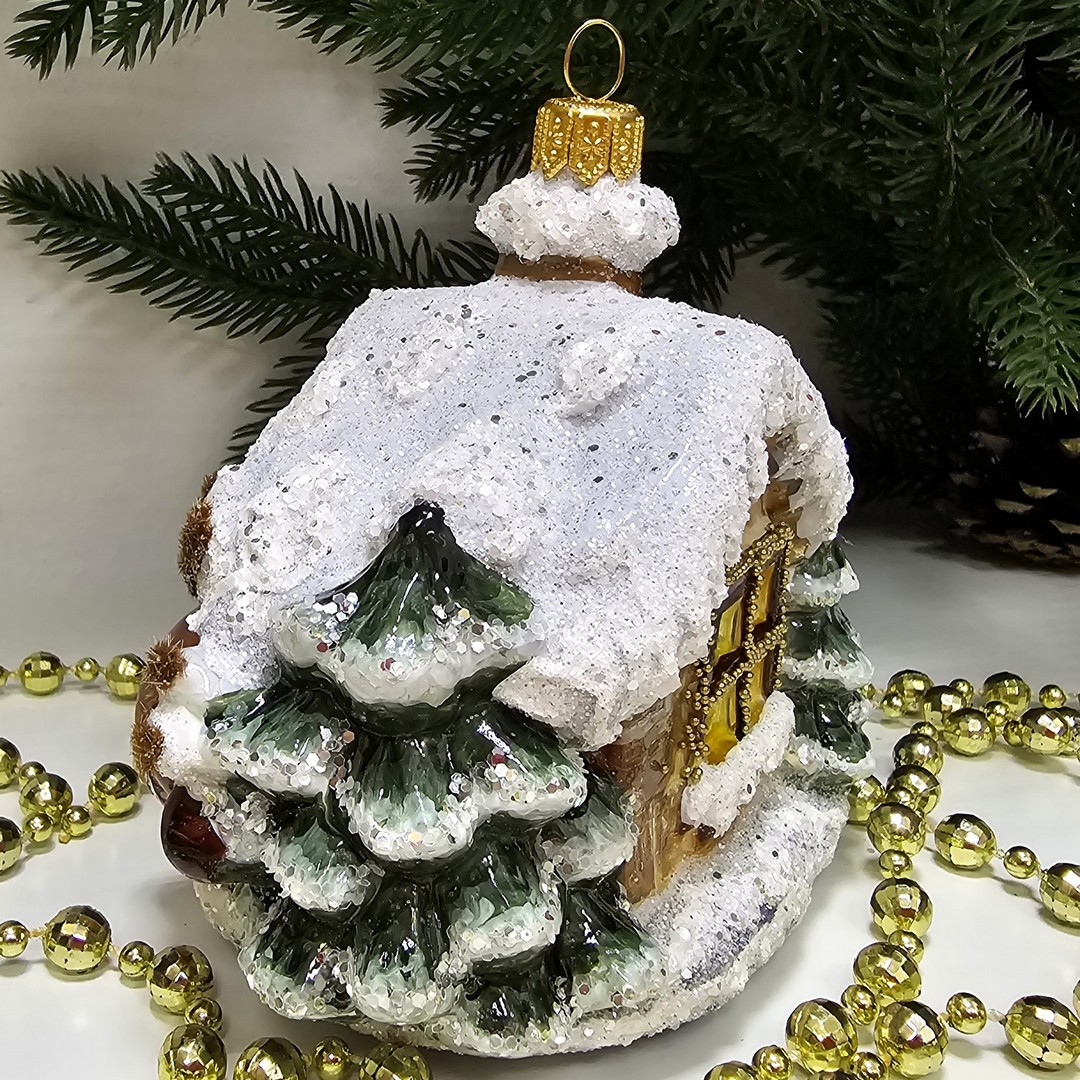 фото Стеклянная елочная игрушка Домик с олененком