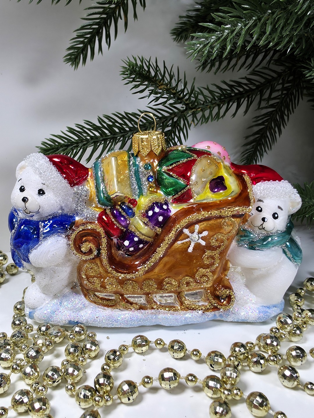 фото Стеклянная елочная игрушка Мишки тянут саночки