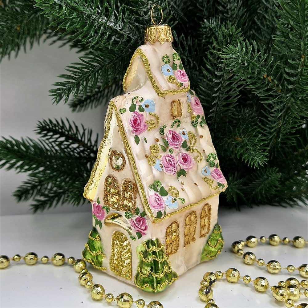 фото Стеклянная елочная игрушка Домик с острой крышей версаль