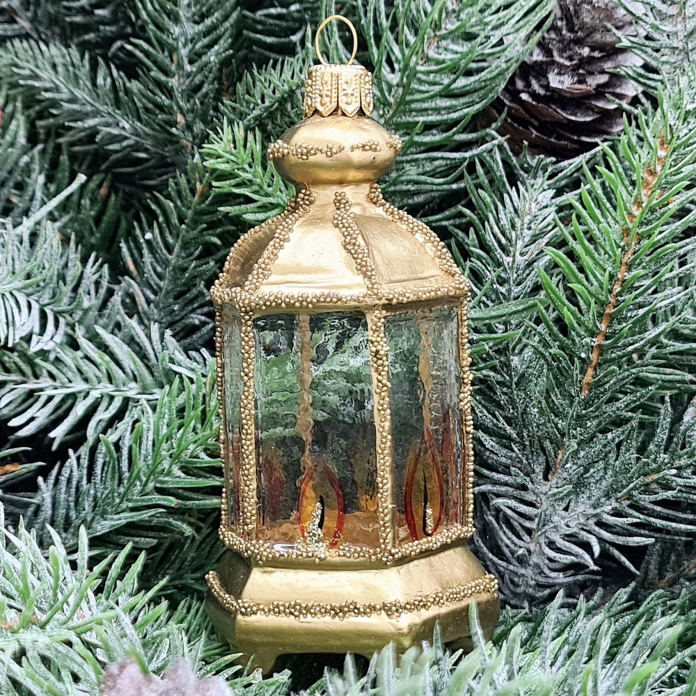 фото Стеклянная елочная игрушка Фонарик золотой