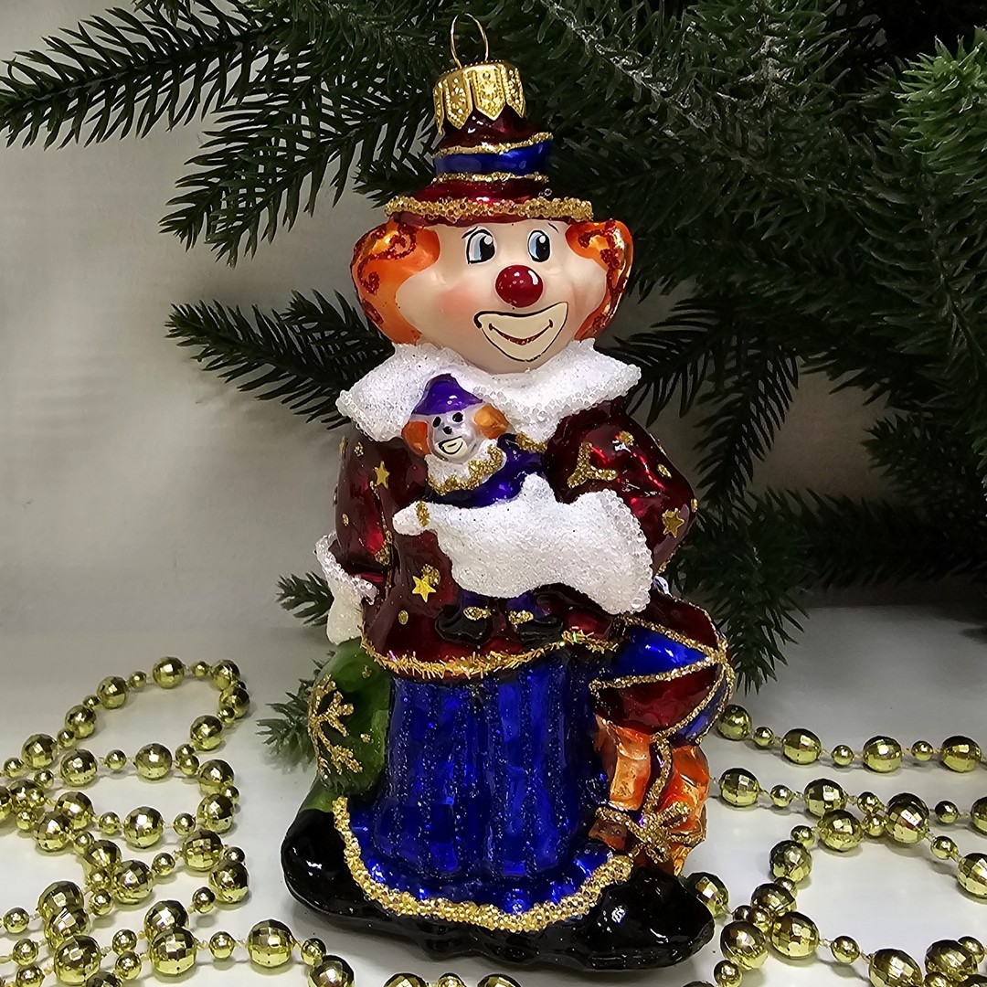 фото Стеклянная елочная игрушка Клоун с подарками