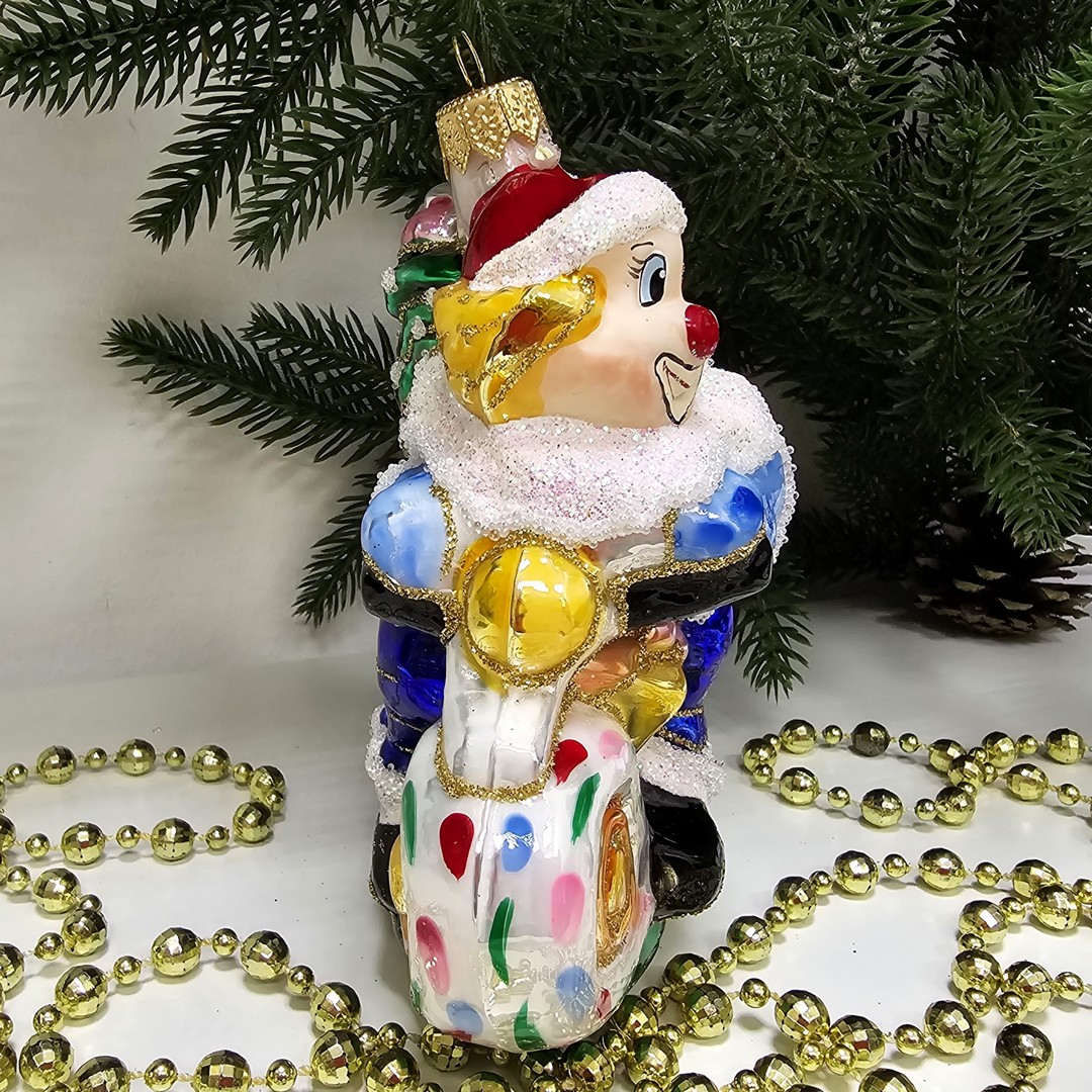 фото Стеклянная елочная игрушка Клоун на мотоцикле