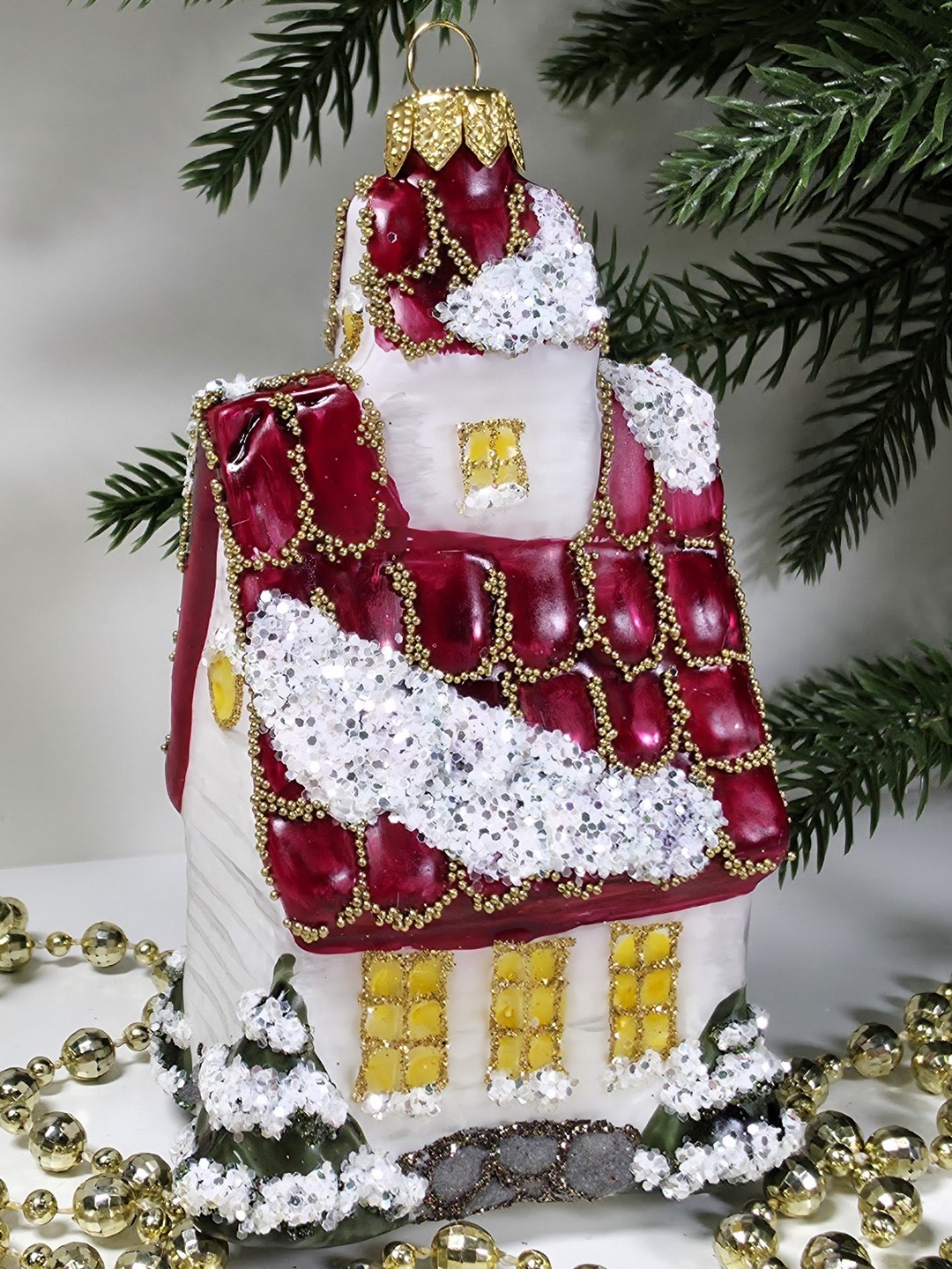 фото Стеклянная елочная игрушка Домик с острой крышей