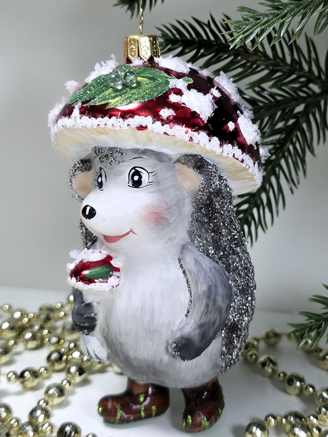 фото Стеклянная елочная игрушка Ежик грибок мухомор