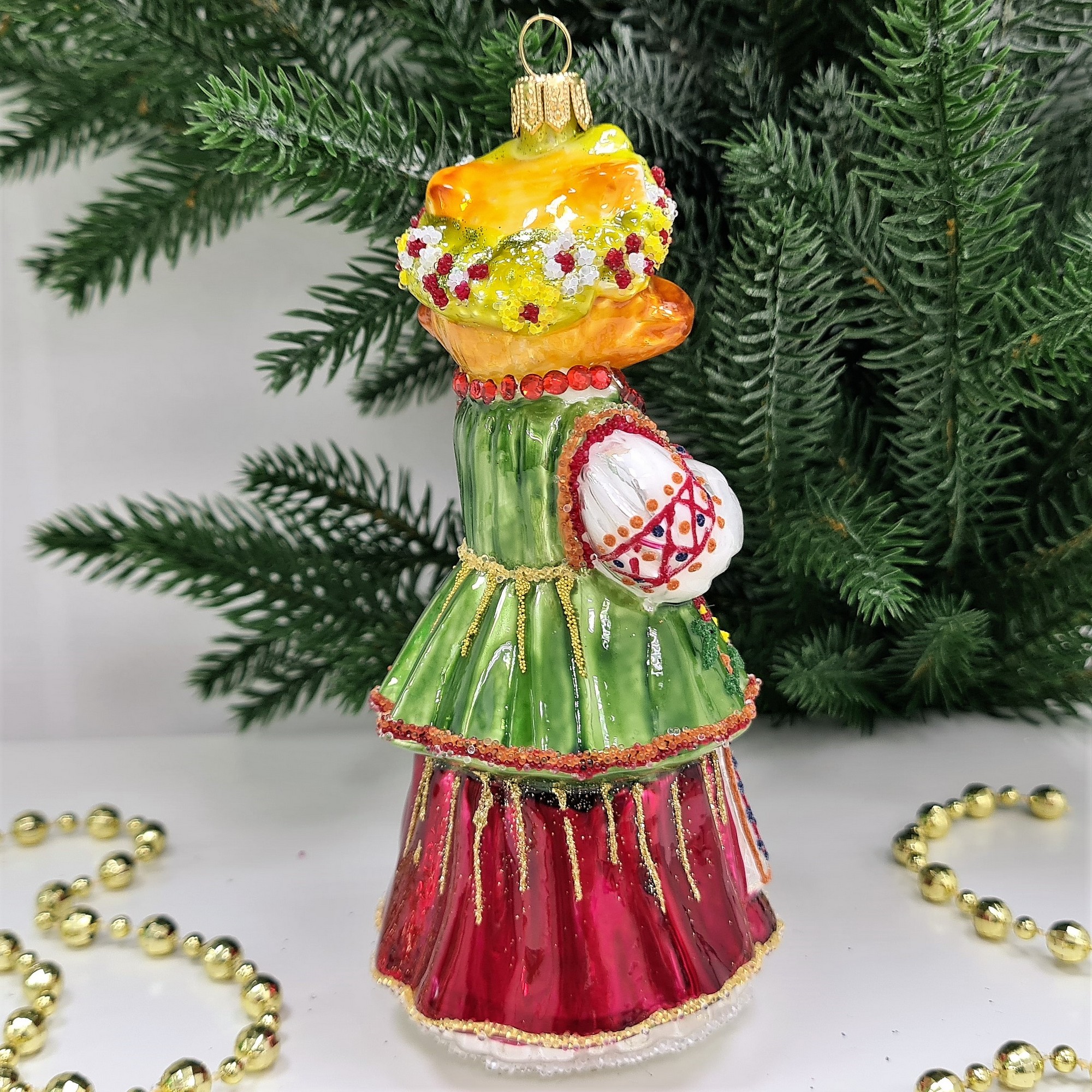 фото Стеклянная елочная игрушка Лиса в веночке