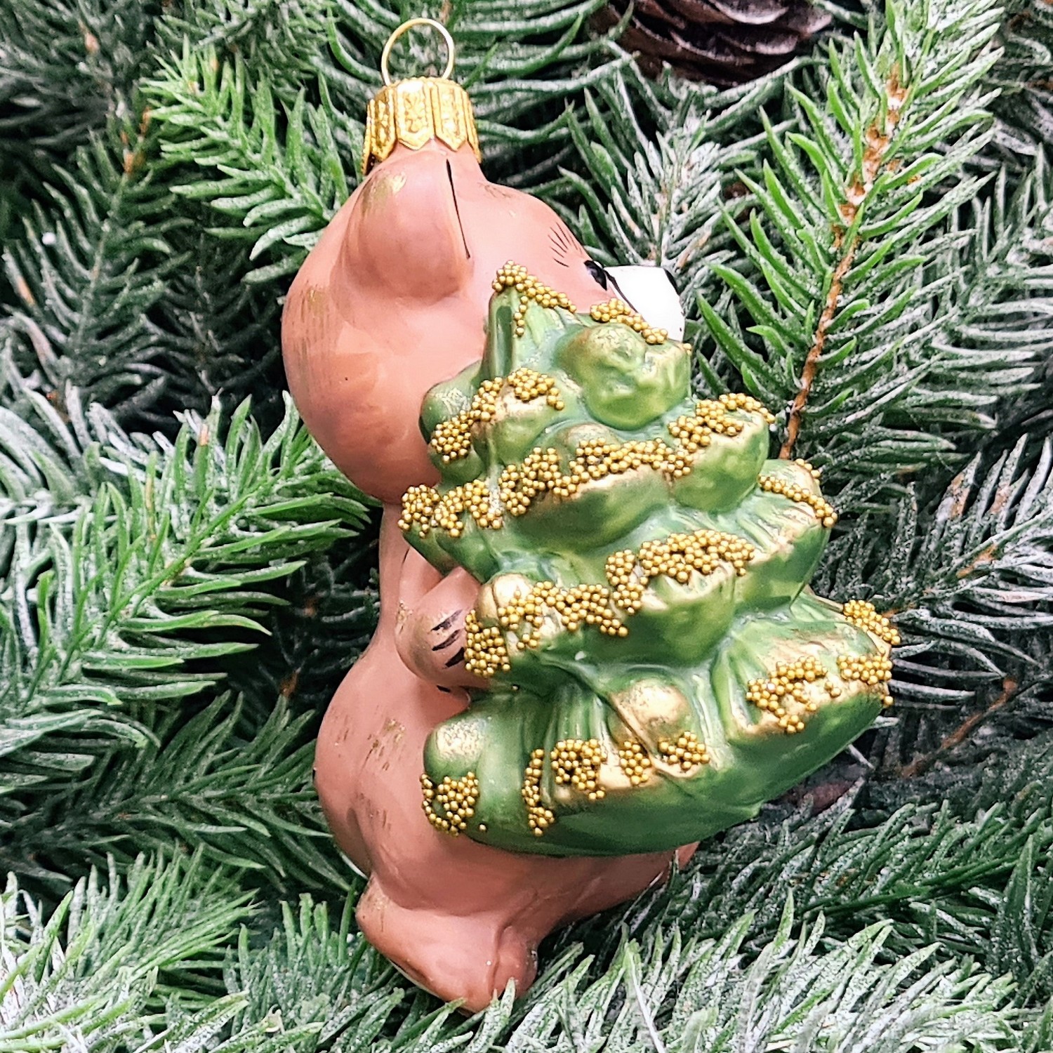 фото Стеклянная елочная игрушка Мишка с елкой винтаж