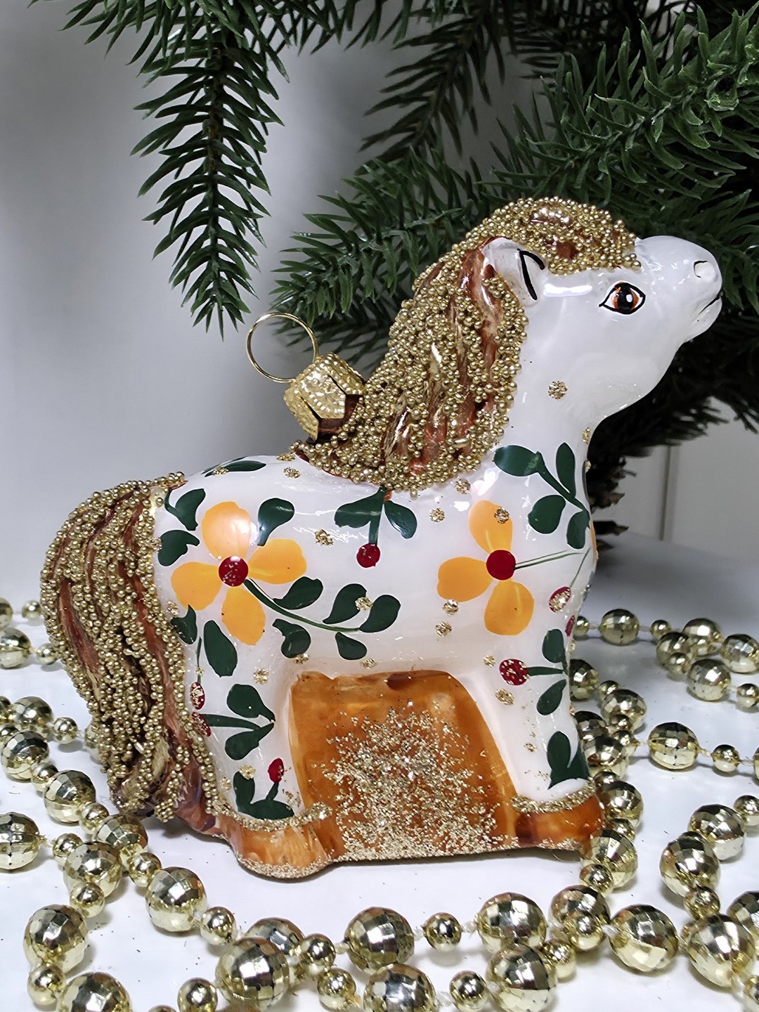 фото Стеклянная елочная игрушка Лошадка расписная