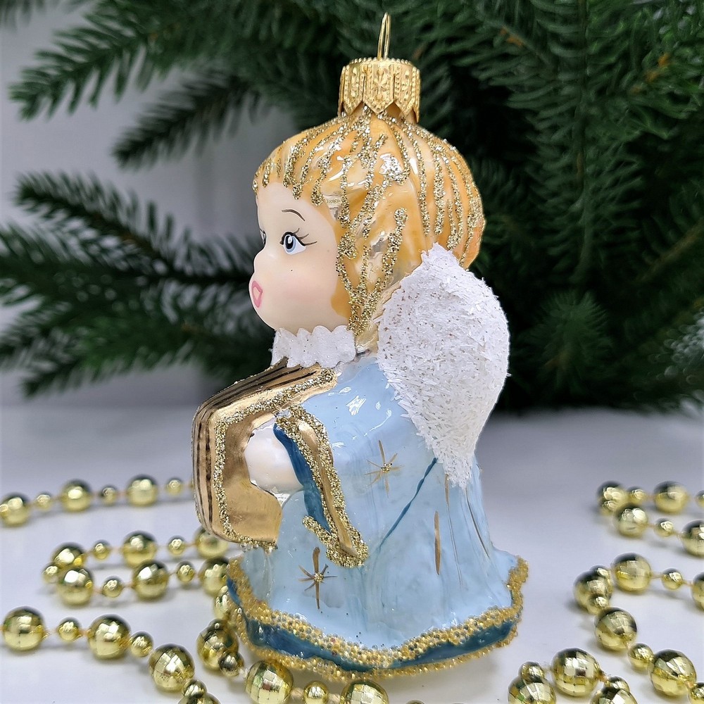 фото Стеклянная елочная игрушка Ангелочек с книгой