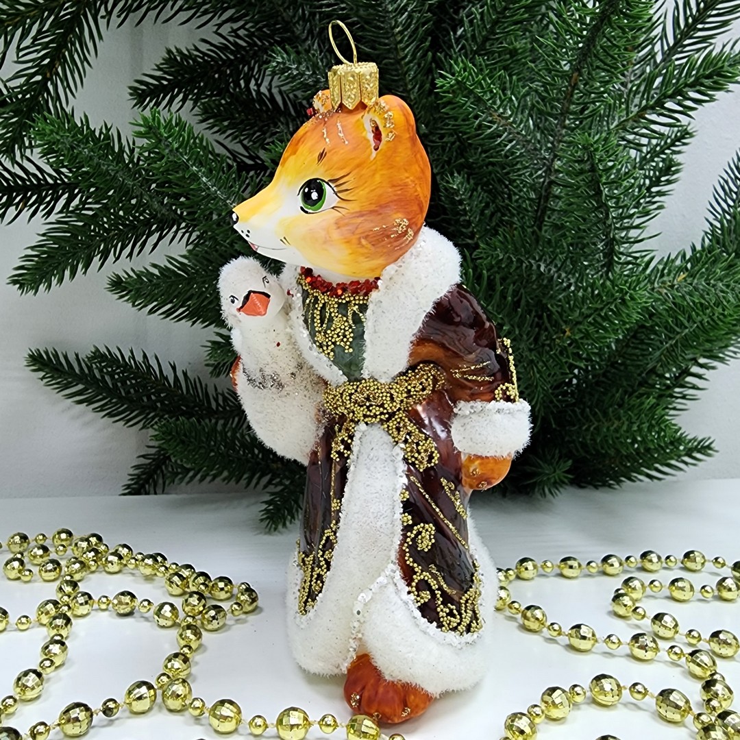 фото Стеклянная елочная игрушка Лиса с гусем