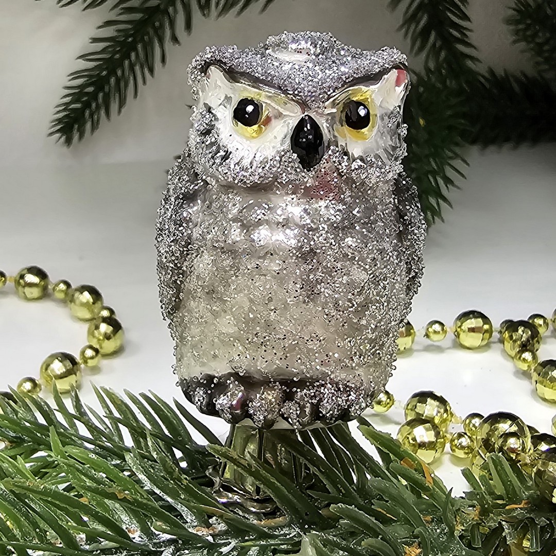 фото Стеклянная елочная игрушка Сова на прищепке