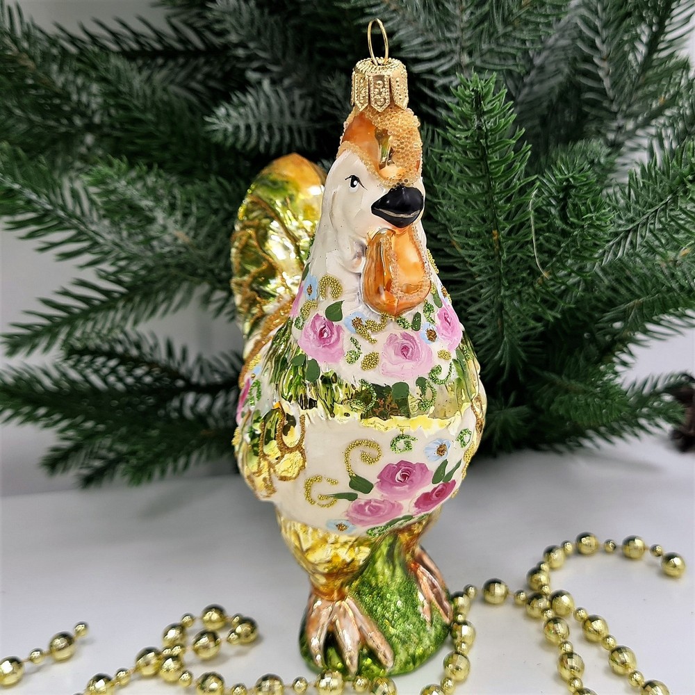 фото Стеклянная елочная игрушка Петух Версаль