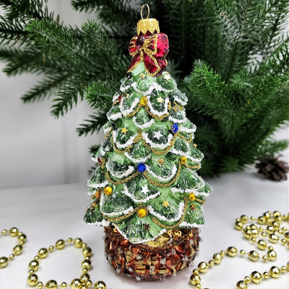 фото Стеклянная елочная игрушка Елка с совой и звездой