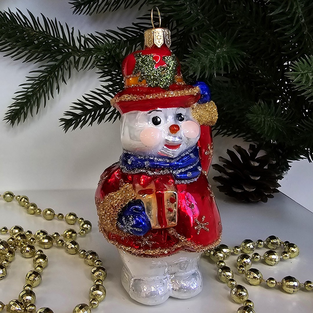 фото Стеклянная елочная игрушка Снеговик