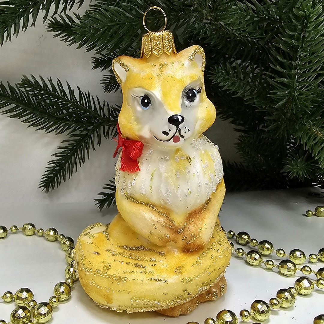 фото Стеклянная елочная игрушка Лисичка на хвостике сахар