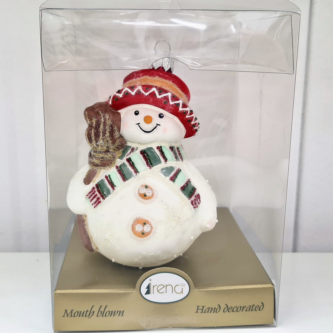 фото Стеклянная елочная игрушка Снеговик с метлой