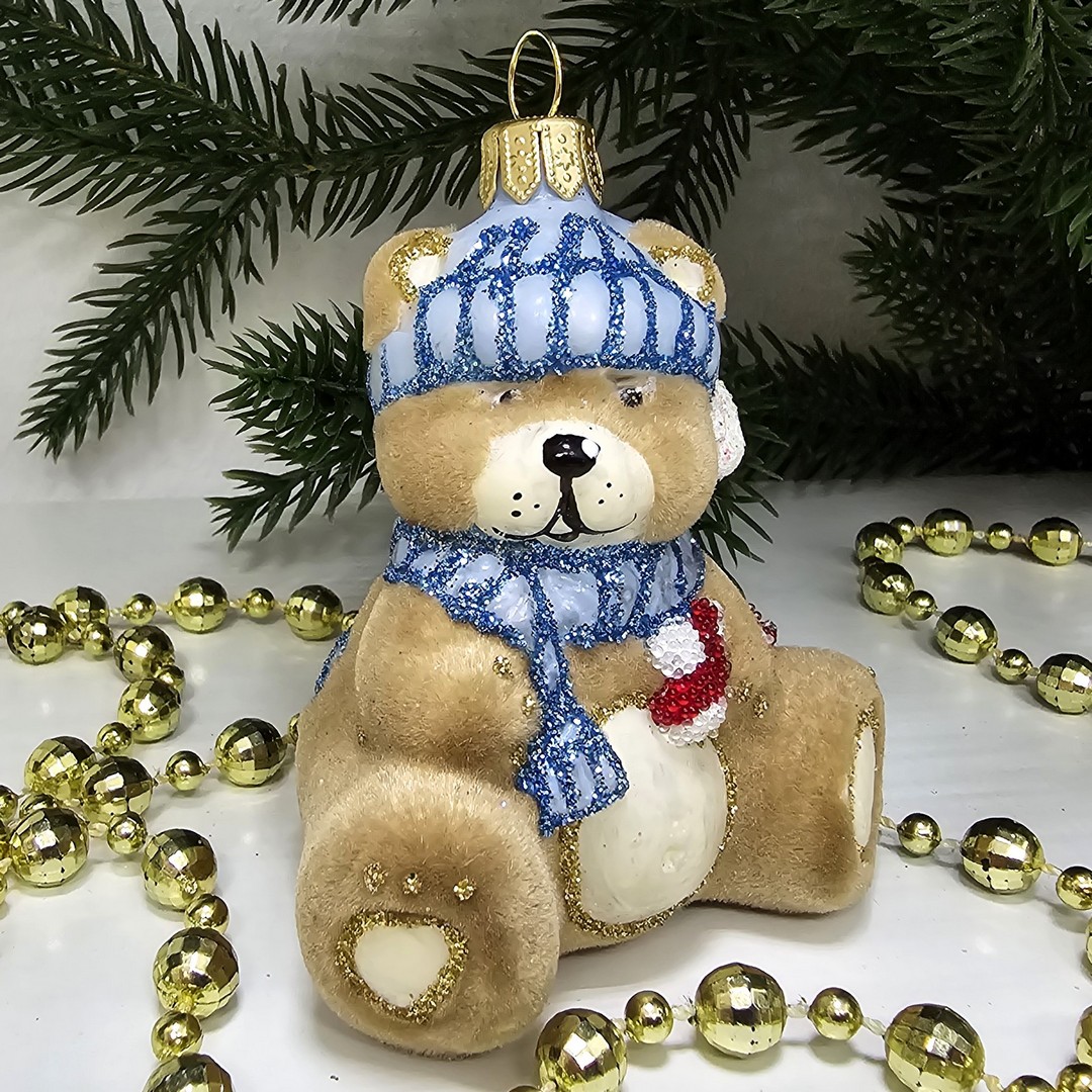 фото Стеклянная елочная игрушка Мишка беби флок