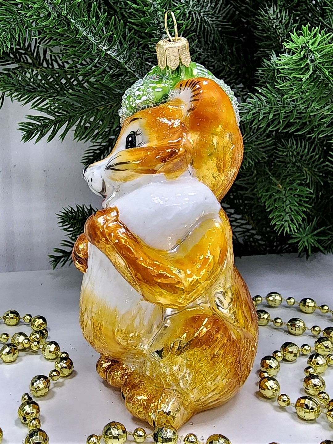 фото Стеклянная елочная игрушка Лисичка в шапке