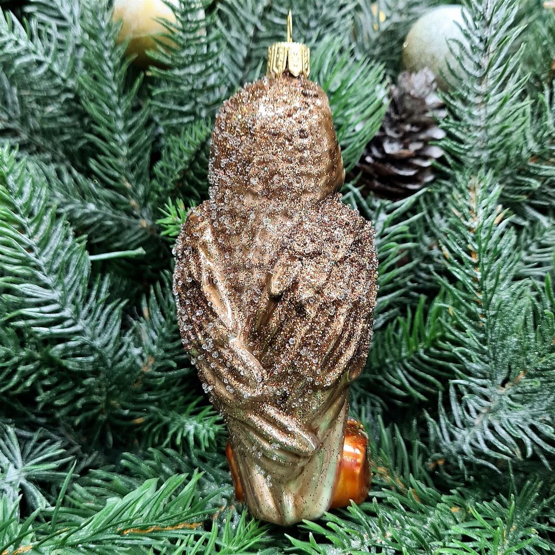 фото Стеклянная елочная игрушка Сова на ветке коричневая