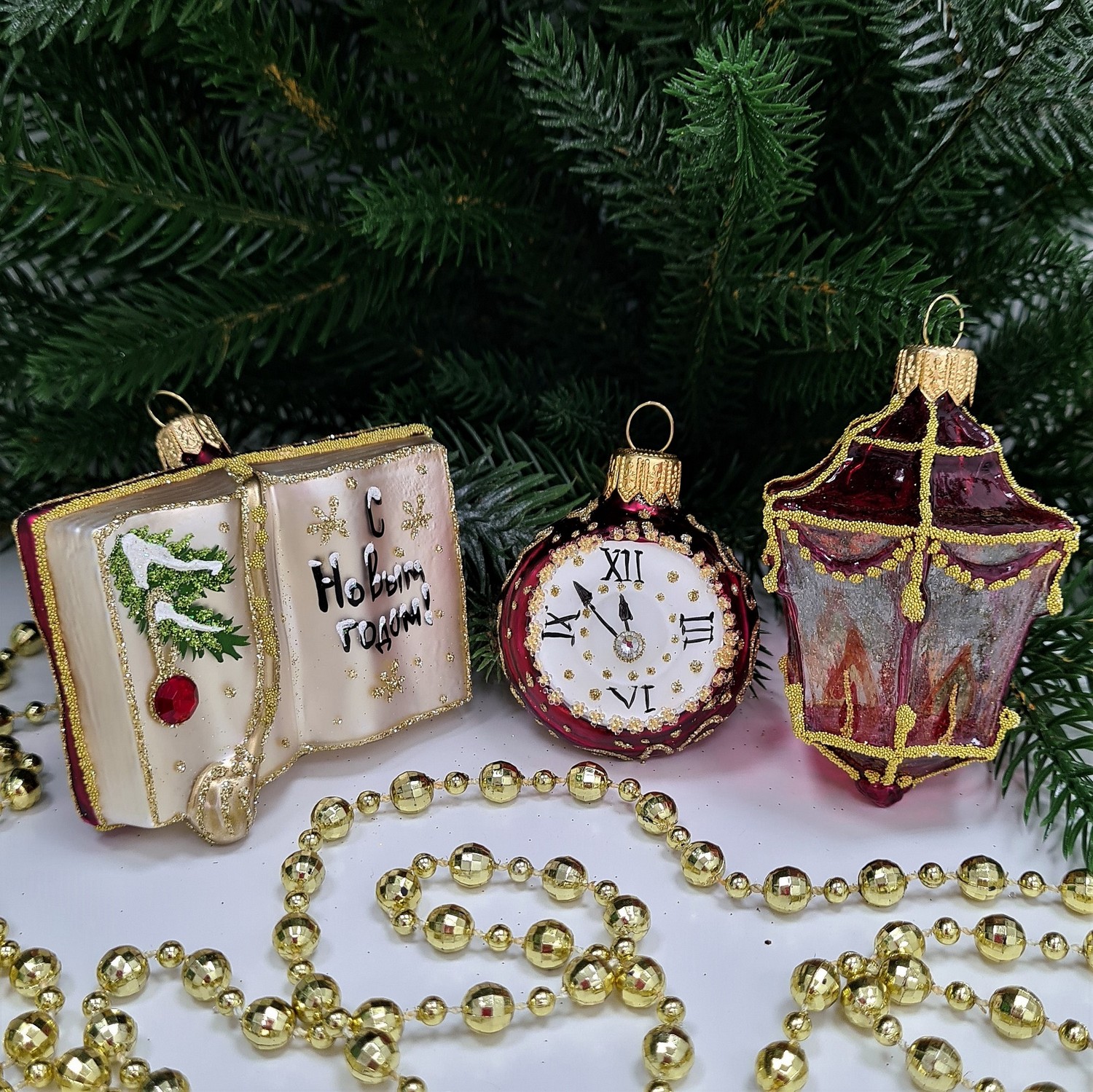 фото Набор ёлочных игрушек Часы, фонарь и книга