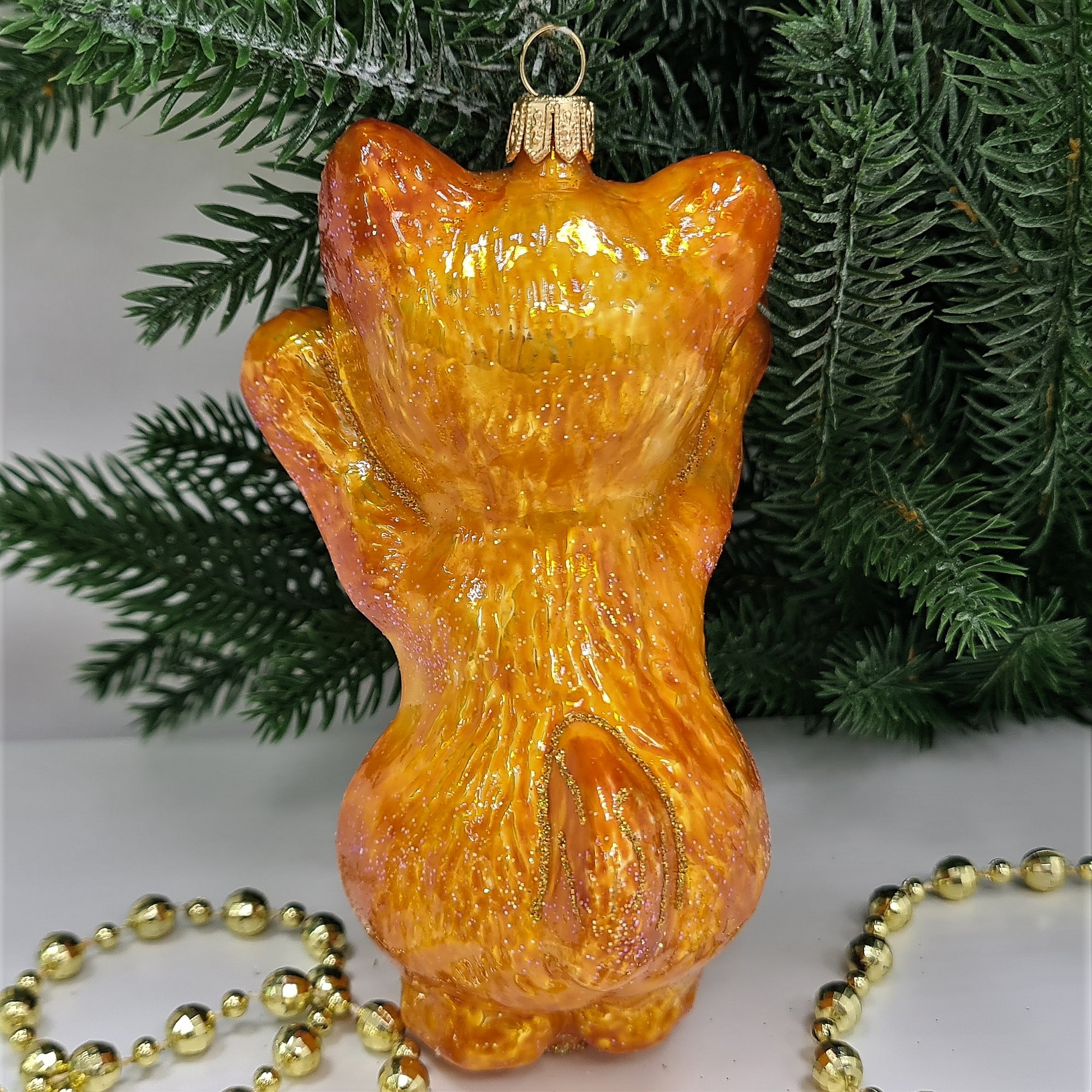 фото Стеклянная елочная игрушка Рыжий котик