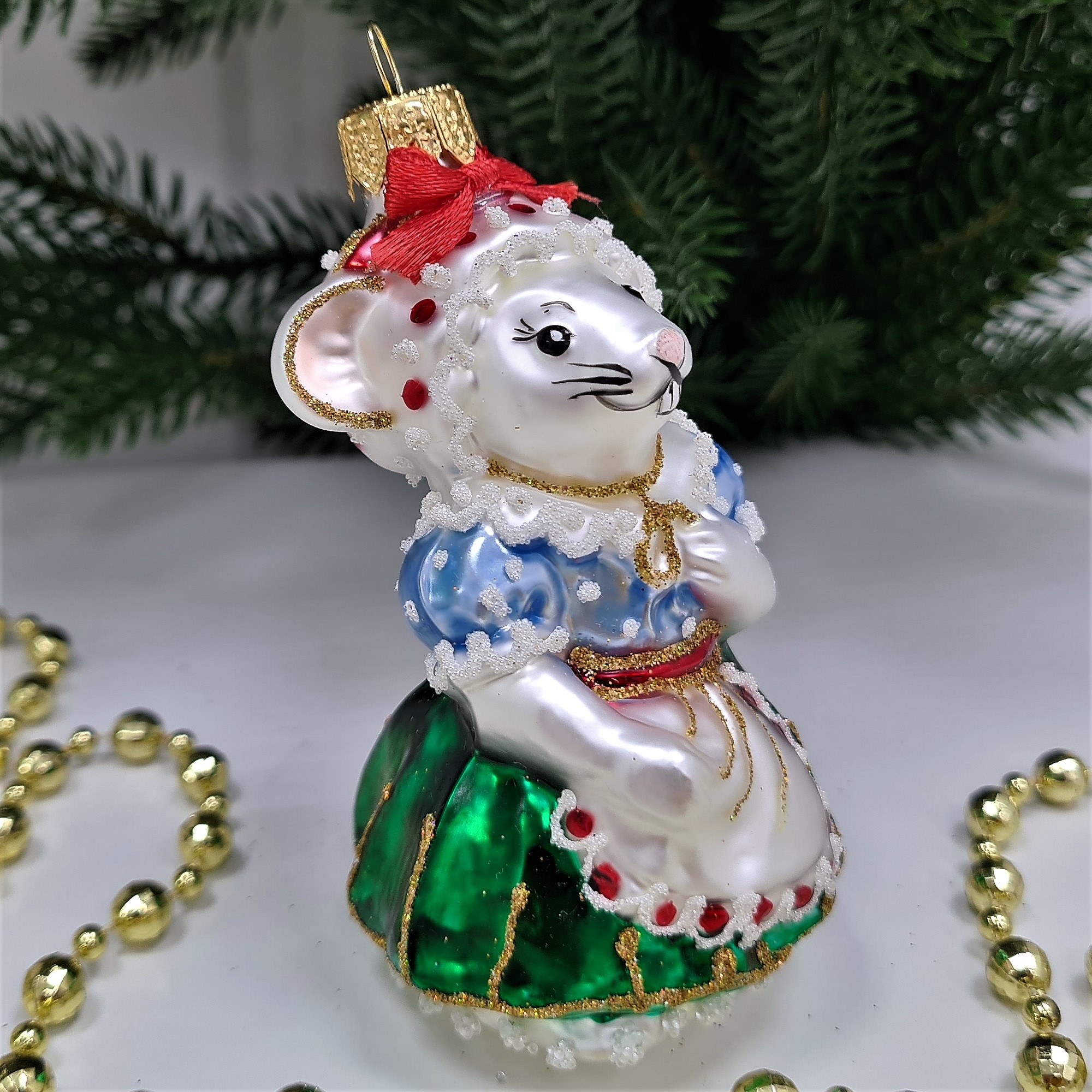 фото Стеклянная елочная игрушка Мышка Хозяйка