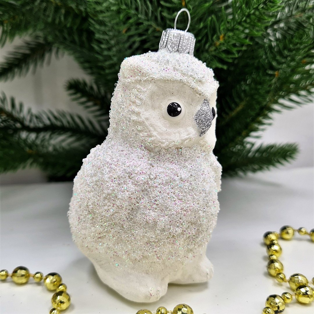 фото Стеклянная елочная игрушка Сова белая