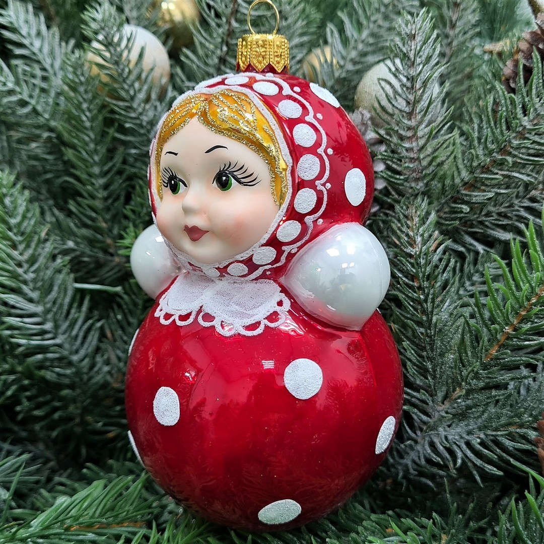фото Стеклянная елочная игрушка Матрешка-неваляшка