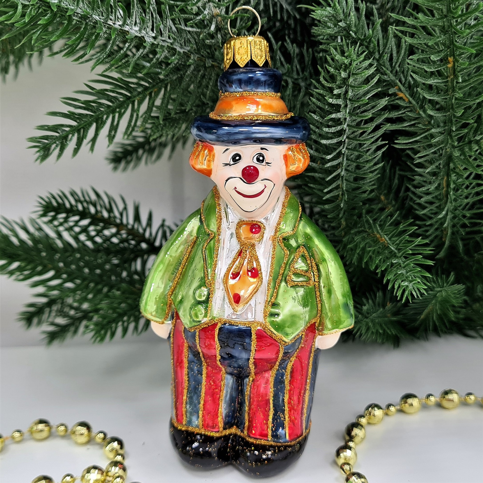 фото Стеклянная елочная игрушка Клоун в галстуке