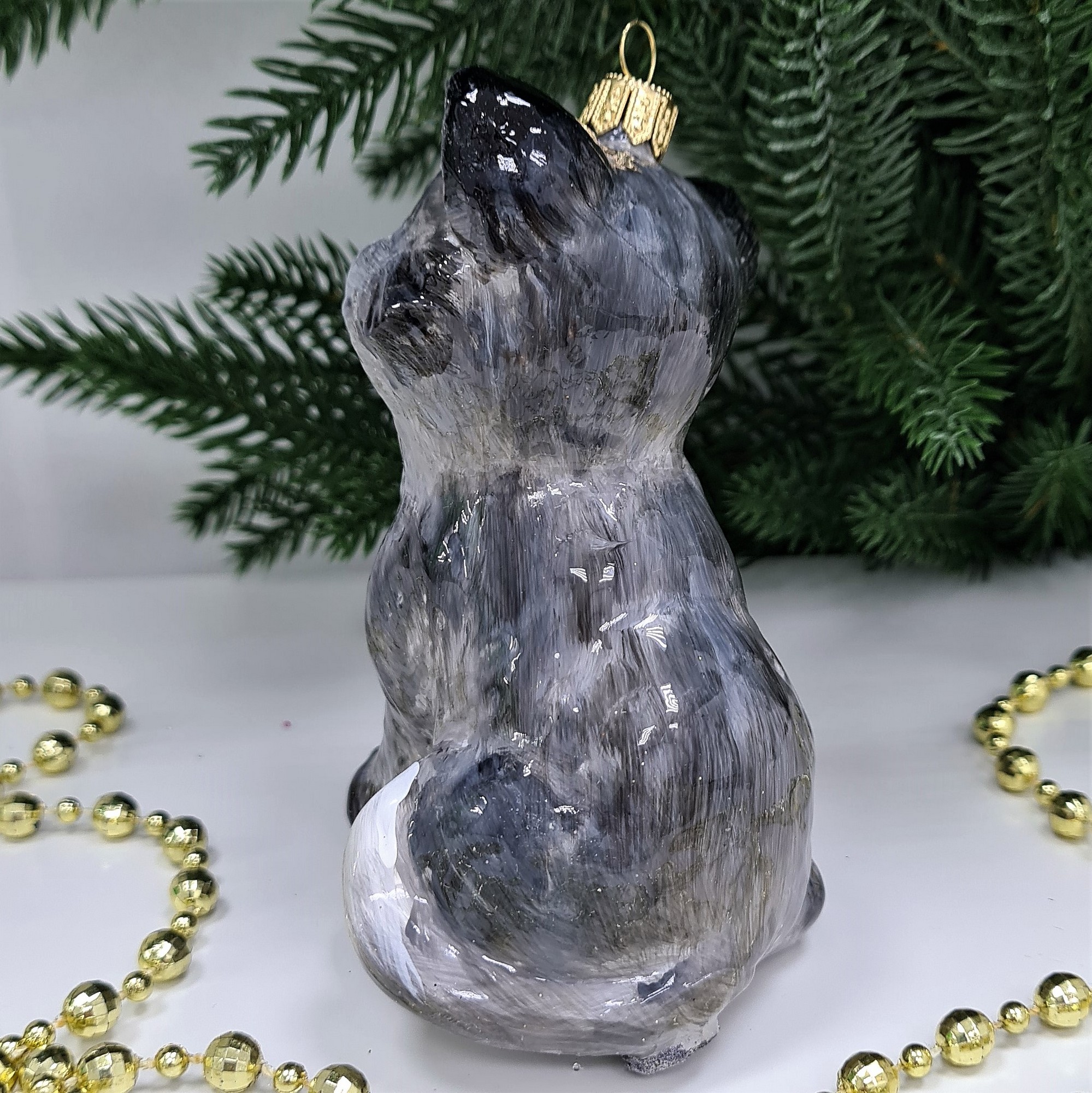 фото Стеклянная елочная игрушка Серый котик