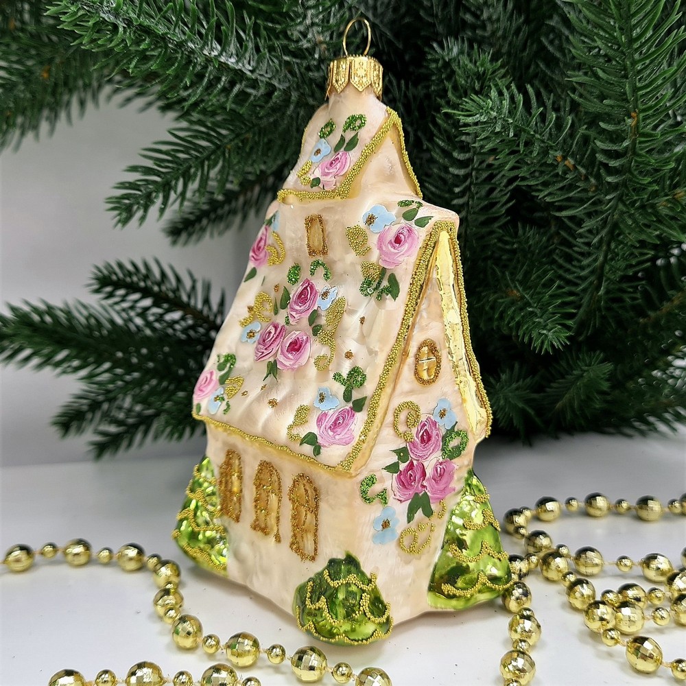 фото Стеклянная елочная игрушка Домик с острой крышей версаль