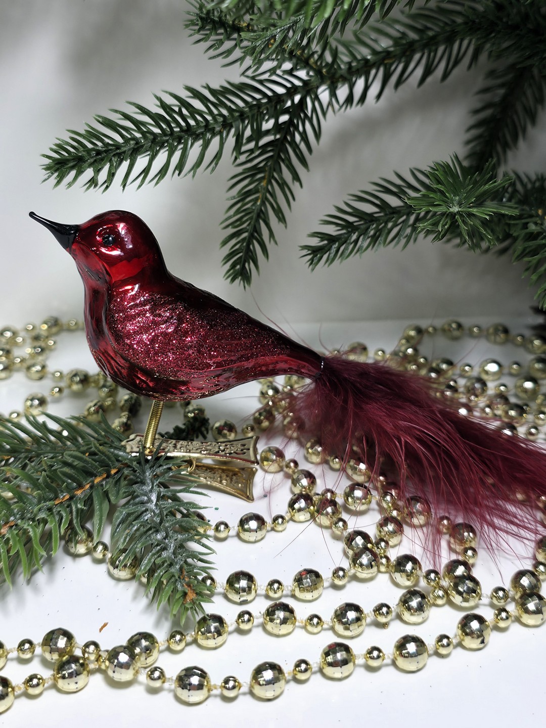 фото Стеклянная елочная игрушка Птичка на прищепке